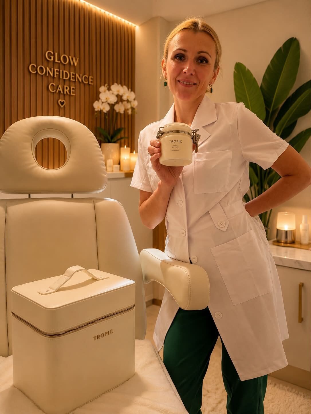 Magdalena as a Tropic Ambassador holding a Tropic skincare product
